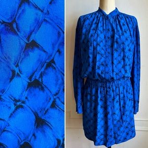 Diane Von Furstenberg 100% Blue Snake Print Silk Long Sleeve Dress